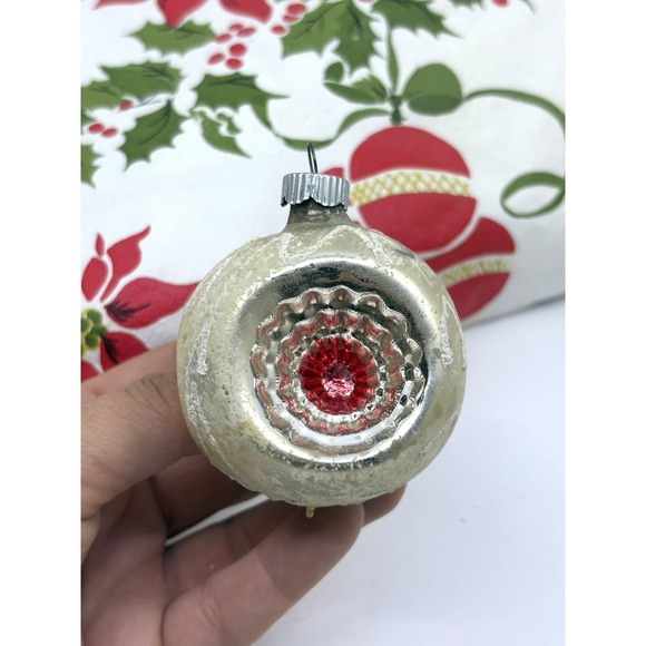 The Unbranded Brand Other - Vintage Christmas Mercury Glass Indent Ornament, Silver With Red Shiney Bright